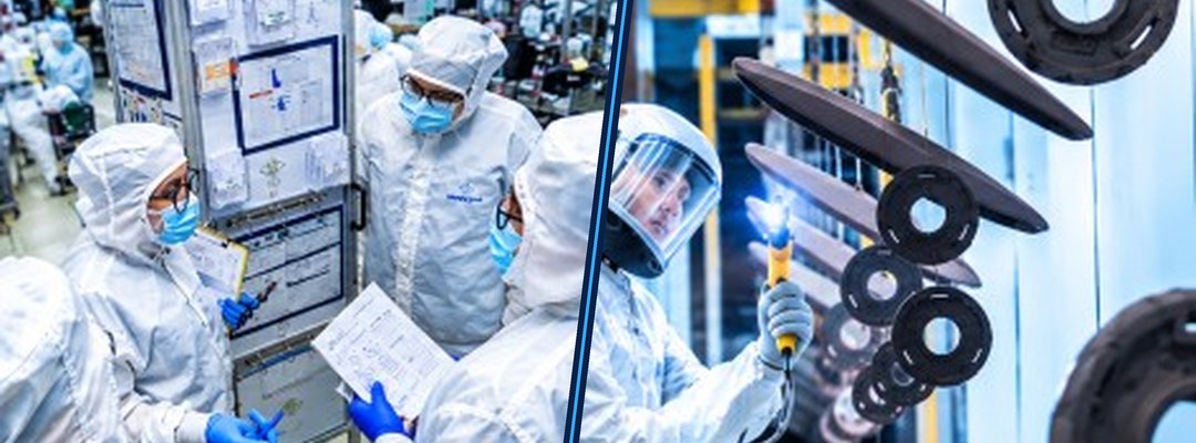 Medical device cleanroom team at a production board, and an industrial powder coating and curing conveyor line